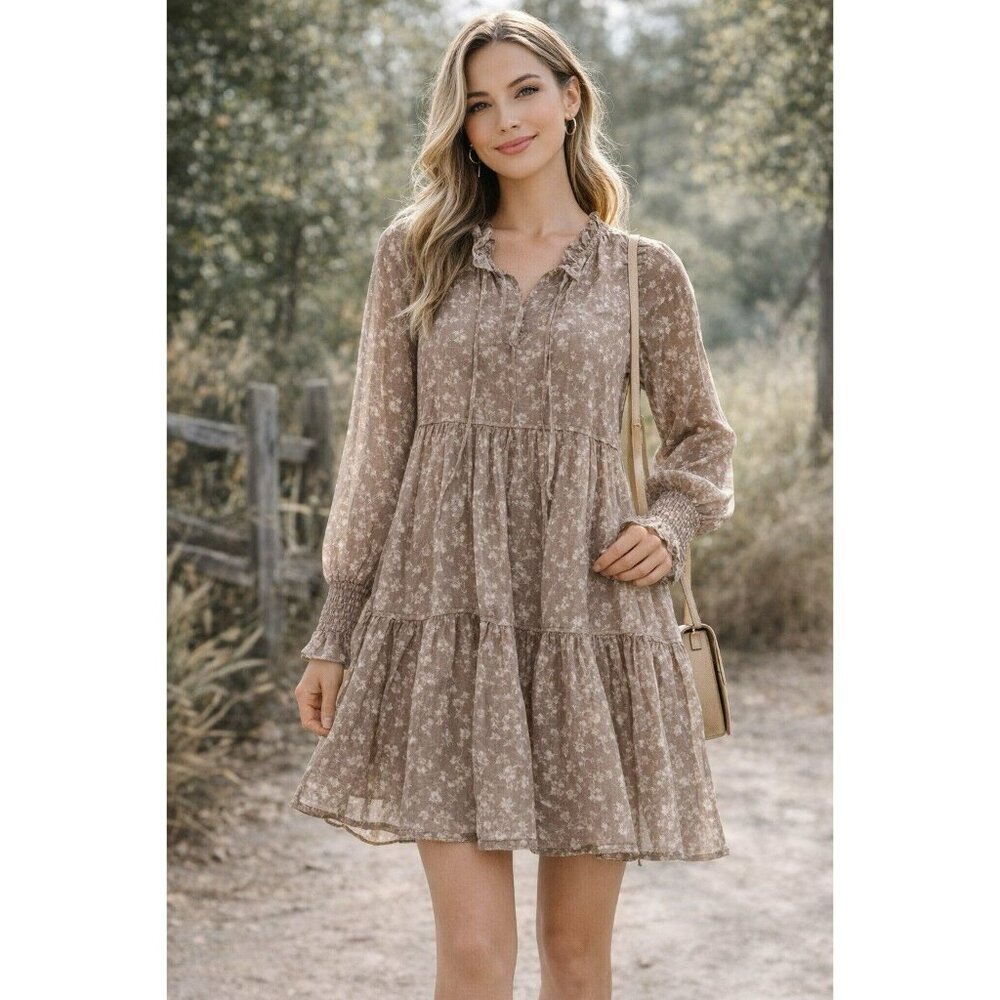 In Loom Taupe Floral Tiered Mini Dress Sheer Boho Peasant Smocked Sleeve M